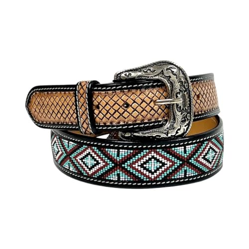 Western Tooled Leather Beaded Belt with Removable Buckle Heavy Duty Rodeo Style Belt 30IS1012