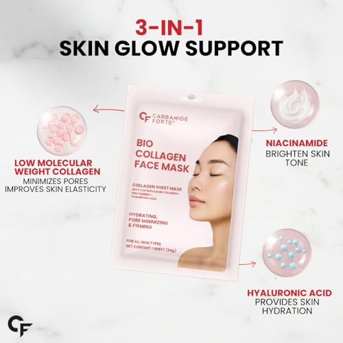 Image of Carbamide Forte Bio Collagen Mask | Collagen Mask Overnight Sheet with Low Molecular Collagen, Niacinamide & Hyaluronic Acid | Korean Glass Skin Overnight Hydrogel Face Mask Sheets for Deep Hydration, Pore Minimizing, Firming & Moisturizing | Paraben-Free | For All Skin Types | 1 Piece - 35g