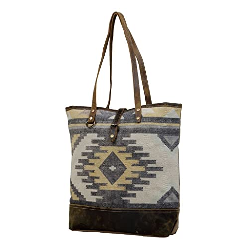 Myra Bag Yellow Patchy Tote Bag Upcycled Cotton & Leather S-28182