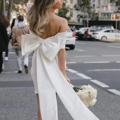 Boho Short Wedding Dresses for Bride with Bow Satin Mini A-Line Formal Evening Bridal Shower Dress2