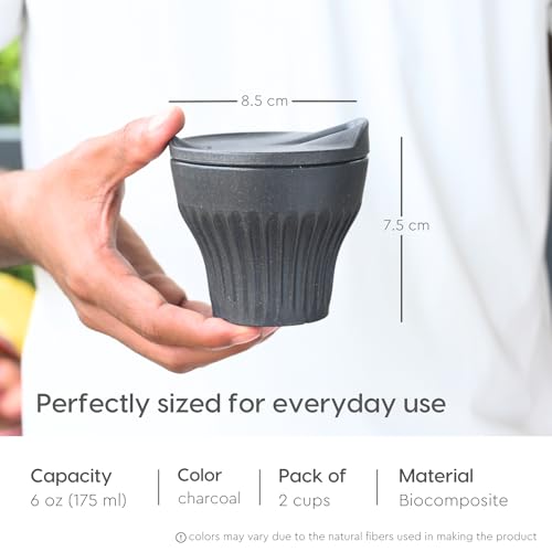 Image of Eha Earth Friendly Rafter Coffee Mug with Lid | Tea Cup Set | 175 ml | Made with Rice Husk | Microwave Safe Mugs for Gifting | 2 Unit | Charcoal