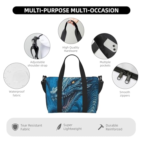 Sports Gym Bag for Women Men Travel Duffel Bag Tote Weekender Bag Carry on Overnight Bag for Travel Swimming Fitness Workout Sports Dragon Cool Blue Duffle Bag3