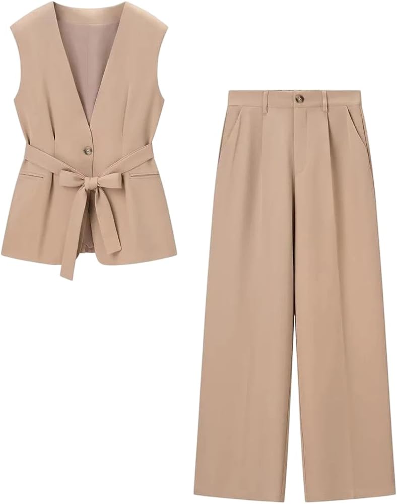 Womens Solid Color Vest Jacket and Wide Leg Pant Set Comfortable Sleeveless Waistcoat Workwear Outfit