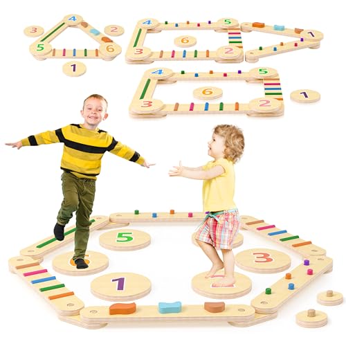 Aragallant Holz Kleinkinder Schwebebalken, Holz Balancierbalken Kinder mit 6 Balanciersteine Frei Kombinie und Farbigen Hindernissteinen, Montessori Balance Boards für Kinder Drinnen und Draußen