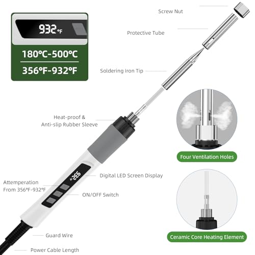 Soldering Iron Kit, 190W Soldering Gun, 110V LED Solder Kit for Electronics, Adjustable Temperature 356-932℉, Includes Solder Wire, Sucker,10 Tips, Stand, Tweezers, Paste and Solid Wood Box, White