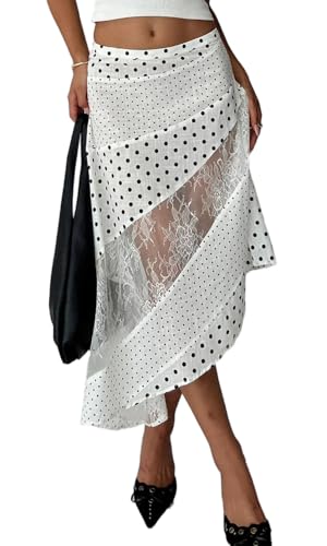 Women Lace Patchwork Maxi Skirts Y2k Polka Dot Asymmetrical Hem Grunge Skirt Flowy High Waist Floral Satin Midi Skirt