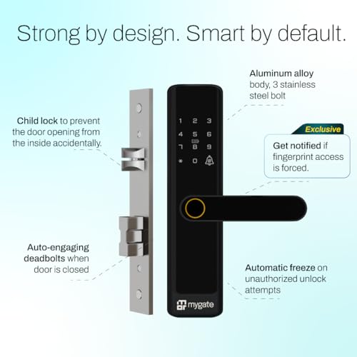 Image of Mygate Smart Door Lock SE with 6 Unlock Methods | Fingerprint, OTP, PIN, RFID Card, Key & Mobile App Access | Unauthorized Freeze & Pin Decoy | Remote Unlocking via OTP| 3-Year Warranty by Mygate