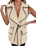 PRETTYGARDEN Women's 2025 Tweed Vest Jackets Sleeveless Lapel Button Front Belt Color Block Winter Cardigan Outerwear (Apricot,Medium)