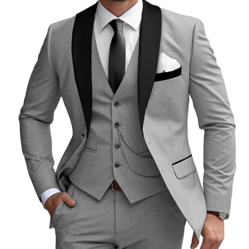Mens Slim Fit Suit 3 Piece Solid Shawl Lapel Casual Business Blazer Set for Weddings Parties Tuxedo Jacket Pants