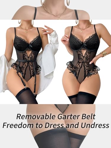 Image of Lilosy Sexy Stocking Lace Mesh Bodysuit Top Underwire Garter Lingerie Set 3 Piece