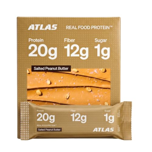 Atlas Real Food High Protein Bars - 20g Protein, 12g Fiber, 1g Sugar, Clean Ingredients, No Added Sugar, No Seed Oils, No Artificial Sweeteners (Salted Peanut Butter, 12 Count)