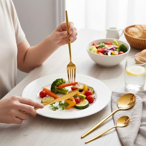 Image of 20 Pcs Gold Slim Handle Stainless Steel Cutlery Set for Dining Table with Spoons and Forks Set + Butterknives - The Perfect Tableware /Flatware
