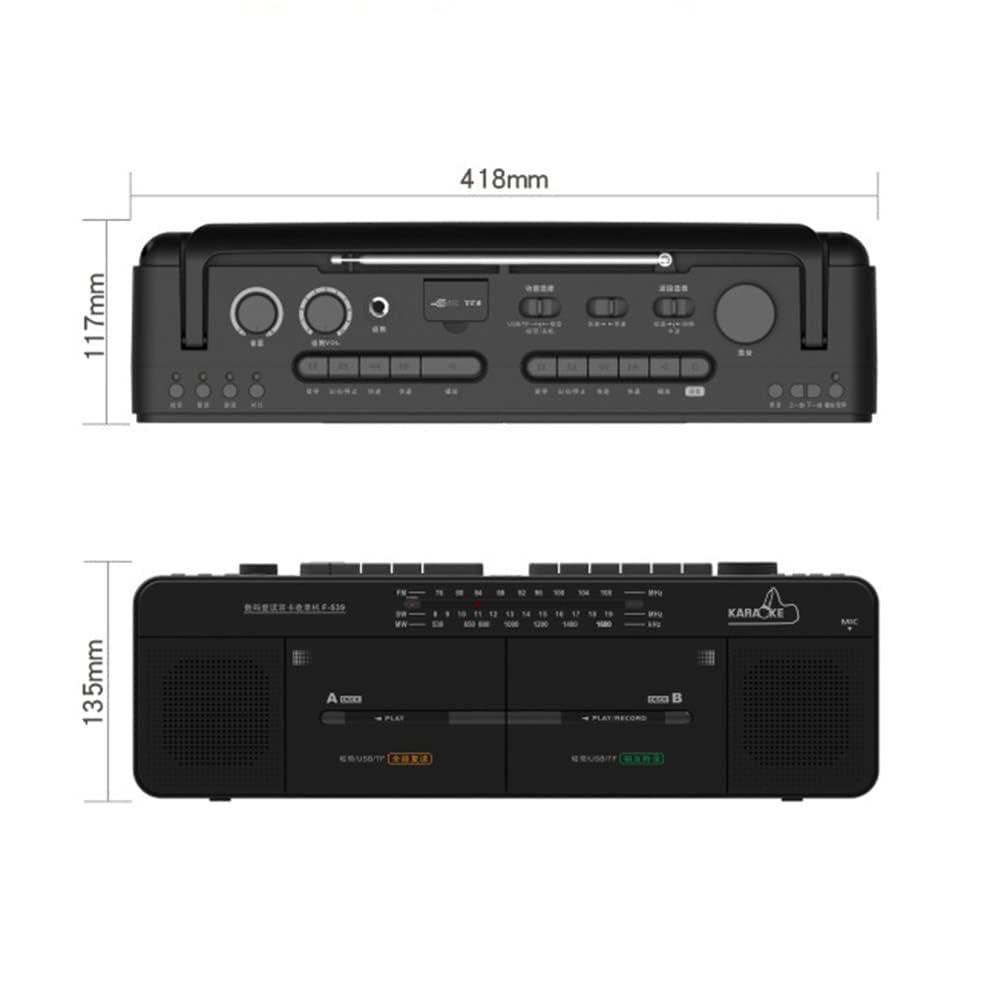 Podwójny magnetofon kasetowy z radiem FM/SW/AM, odtwarzaniem kart MP3/USB/TF, nagrywanie jednym dotknięciem do transkrypcji audio