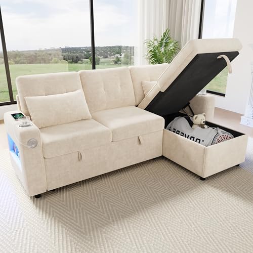 Sofá esquinero moderno en forma de L con función de sueño, espacio de almacenamiento, iluminación LED, puerto de carga USB, soporte para bebidas, bolsillos laterales, sofá cama multifuncional para