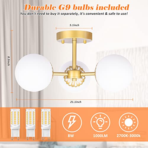 Yolsunes Mid Century Modern Brass Semi Flush Mount Ceiling Light, 3-Light Frosted Globe Glass Gold Chandelier, Globe Hanging Ceiling Light Fixture For Bedroom Living Room Nursery Room Foyer thumb #2