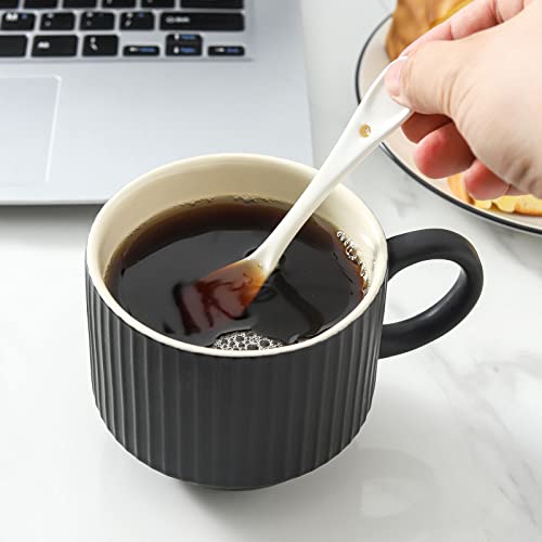 Hasense Coffee Mug Ceramic Set Of 4 With Stand - 15 Oz Stackable Large Porcelain Ribbed Latte Cup Set For Cappuccino, Tea, Hot Cocoa, Drinks - Dishwasher & Microwave Safe, Black #TOP5