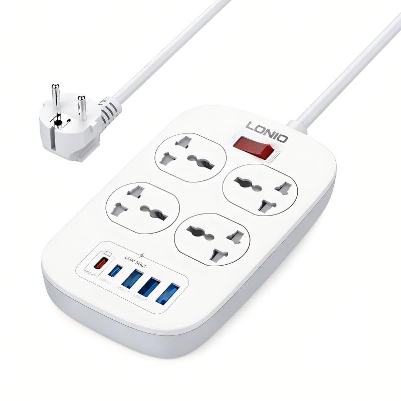 MANTO Multiprise avec 4 Prises AC 2500W/10A, 4 Ports USB Dont Quick Charge 3.0, Câble 1,5m EU, Compatible Universelle (A/B/C/E/F/G/I), Idéal Maison, Bureau, Voyage