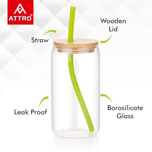 Image of ATTRO 400ml Drinking Glass with Wooden Lid & Silicone Straw Travel Sipper Tumbler- Ideal for Juices, Smoothies &Cocktails - Durable, Leak Proof Glass for On the Go