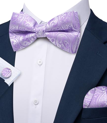 Image of Barry.Wang Paisley Striped Bow Tie for Men Silk Pre-Tied Bowtie Pocket Square Cufflinks Set Formal Wedding Party Prom