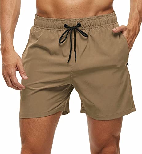 YuKaiChen Men's Swim Shorts Swimming Trunks Board Shorts Water Repellent Quick Dry Surfing Beach Shorts with Zipper Pockets and Mesh Lining Size 32 Khaki