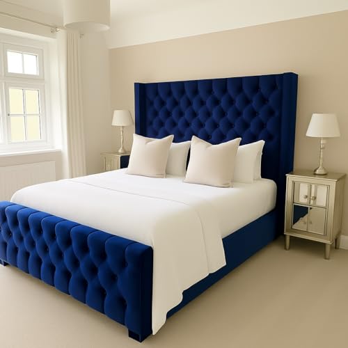 Image of Bespoke Chesterfield Plush Velvet Cannas Wingback Bed - Mattress/Gas Lift Options - UK Made - Double/King/Super King (Saphire Plush, Super King 6ft Bed Frame)