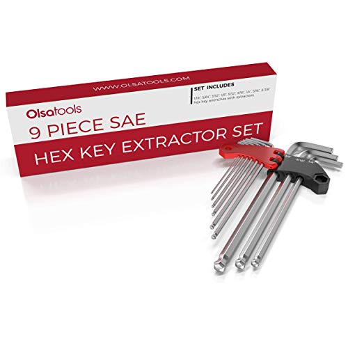 Professional Grade Extractor Hex Key Set (SAE) | Allen Wrench Set | Imperial Inches Metric Steel Ball End 9 Piece Kit with Patented Extractor Design | Folding Storage Case | by Olsa Tools