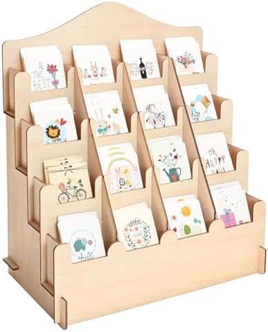 Présentoir à Cartes En Bois 4 étages - Support Pour Cartes De Vœux, Postales, Autocollants - Montage Facile Sans Outils