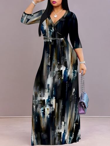 Image of PinkPatty Women's Plus Size Maxi Dresses Casual Flowy 3 /4 Sleeves Dress Printed Vacation Dress for Daily Wear with Belt