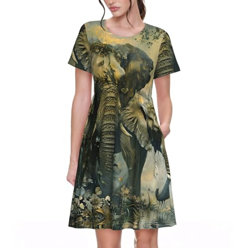Robe d'été fluide chic pour femme : imprimé éléphants naturels et manches courtes