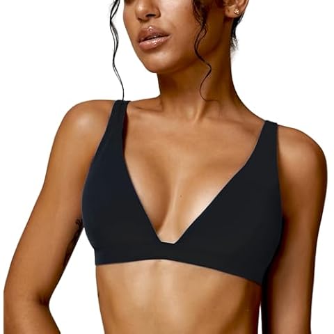 ABOCIW Deep V Neck Sports Bras for Women Padded Low Impact Fitness Yoga Bra U Back Wireless Gym Workout Bra Crop Top Black Medium Cover