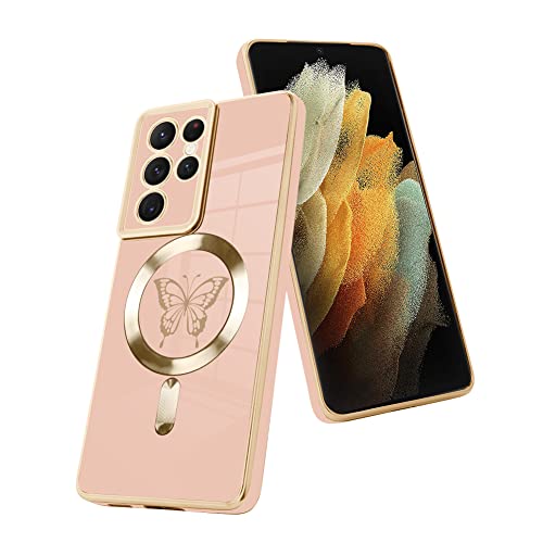 Fiyart Magnetic Case For Samsung S21 Ultra Compatible With Wireless Charging,Cute Butterfly Phone Case With Camera Lens Protection For Women Girls Men For S21 Ultra 6.8"- Pink #TOP12