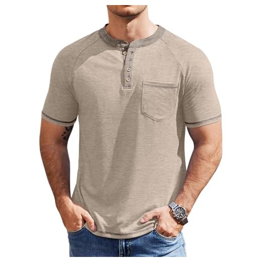 COOFANDY Camisetas masculinas Henley manga curta casual botão camisetas básicas verão vintage camisetas com bolso, Caqui, GG