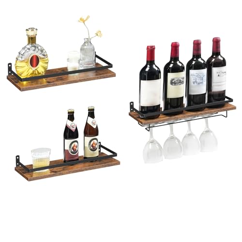 Image of HOOBRO Wall Mounted Wine Rack 3 Pack, Wine Rack with Glass Bottle Holder, Hanging Wine Shelves with Stemware Hanger, Wine Display Storage Rack for Home Bar, Kitchen, Dining Room, Rustic Brown BF34BJ01