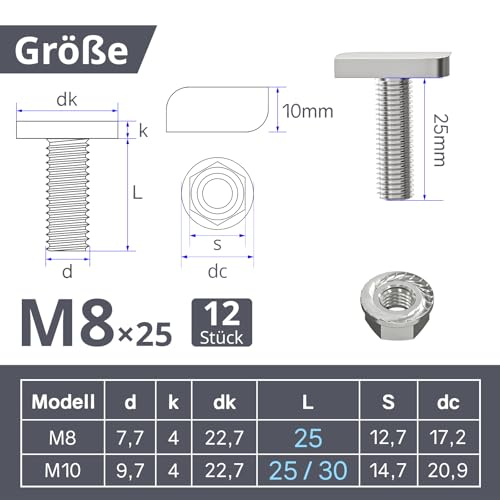 ORTAVA Hammerkopfschrauben M8x25, 12 Stück Hammerkopfschraube M8 Edelstahl A2-70 mit Flanschmuttern, Stockschrauben, Gewächshaus Schrauben für PV Solar Montageschienen, Photovoltaik