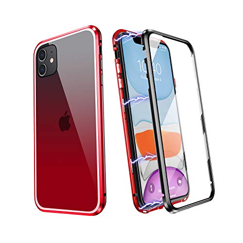 ZHIKE Funda para iPhone XS MAX, Marco de Metal Magnético Frente y Parte Posterior Vidrio Templado Cobertura Pantalla Completa de una Pieza Color Degradado Diseño Antideslizante (Rojo-Negro)