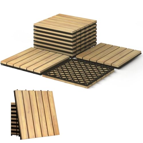 Image of TANGZON Acacia Wood Deck Tiles, 30 x 30 cm Interlocking Patio Flooring with Click System & Drainage Base, Wooden Floor Tiles for Balcony Garden Deck Indoor(10PCS,Linear Slat - Natural Wood)