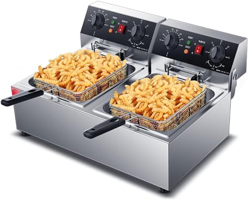 Freidora comercial de aceite, 20 L, doble tanque, de encimera, eléctrica, con cesta y tapa, para uso en restaurantes y hogares. Freidora comercial de acero inoxidable, temporizador de 30 minutos, co