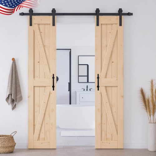 Image of S&Z TOPHAND 24in x 96in Unfinished British Brace Knotty Barn Door with Sliding Door Hardware Kit /Solid Wood /Sliding /Double Surfaces /A Simple Assembly is Required