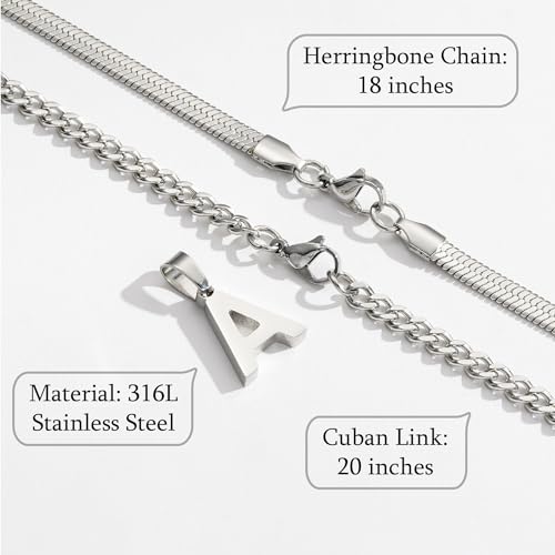 P.BLAKE Layered Initial A-Z Pendant Necklaces Gifts for Men Boys, Stainless Steel Letter Cuban Link Herringbone Chain Fashion Jewelry Gifts4