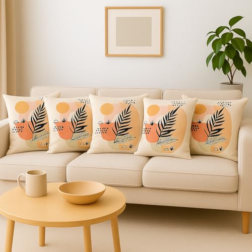Image of Jute Cushion Cover 20x20 Inch - Set of 4 Decorative Throw Pillow Covers for Sofa, Couch or Bed - Designer Printed Square Cushion Covers - Home Decor (Peach Leaf)