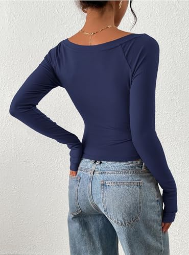 PRETTYGARDEN Long Sleeve Shirts for Women 2025 Fall Ruched Sides Boat Neck Basic Tee Casual Fitted Ribbed Knit Crop Tops