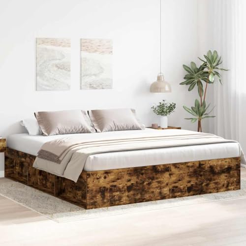 Owoxanthellate Estructura de cama de roble ahumado, 180 x 200 cm, moderna cama de madera con 6 compartimentos, robusta estructura de somier de láminas, cómodo marco de cama para dormitorio, habitación