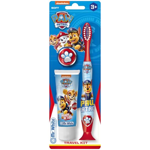 Paw Patrol, set da viaggio per bambini, include dentifricio aromatizzato alla fragola e spazzolino a setole morbide con ventosa e tappo protettivo, kit per l'igiene orale adatto ai viaggi per bambini