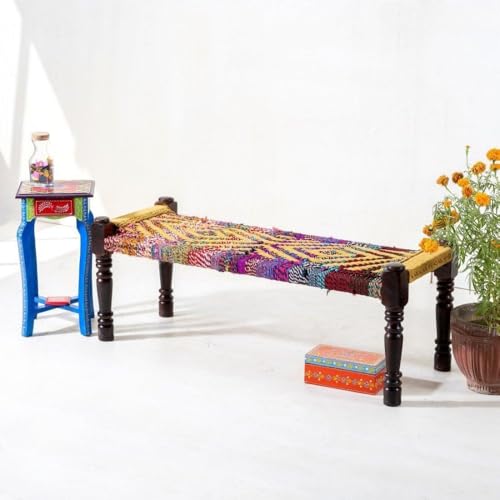 Image of Wooden Bench for Seating | Handcrafted Sheesham Wood Bench for Living Room, Balcony & Garden | Traditional Patio for Outdoor with Chindi Handwoven Rope | Yellow and Multicolor