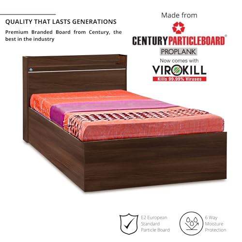 Image of DELITE KOM | 1 Year Warranty | Single Bed, Cherry Engineered Wood Bed with Box Storage & with Headboard Shelf Storage, Wooden Bed (83x37 Inches) | Installation Included | Color - Acacia Dark