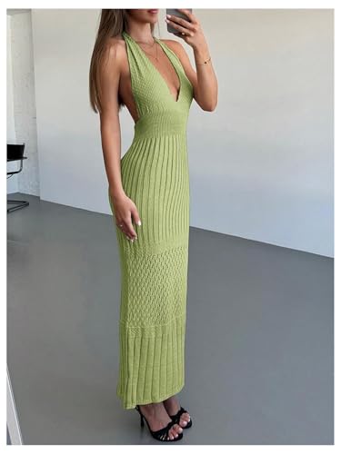 Image of GORGLITTER Women's Crochet Dress Halter Backless Bodycon Deep V Neck Long Knit Maxi Dresses Summer Beach Outfits 2026