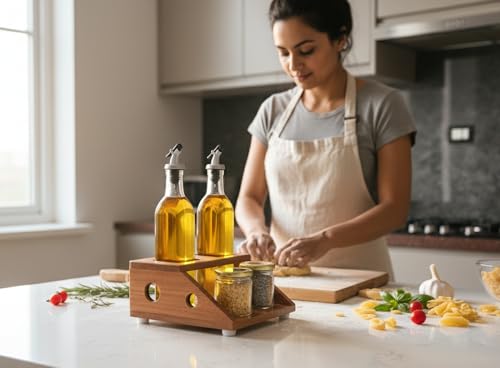 Image of WOODFARM Countertop Natural Wood /Wooden Rack /Stand for 1 Ltr Square Shape Oil Bottle /Dispenser, Seasoning Storage Holder /Organizer - 2 Holes (Size - 3.25 inch * 3.25 inch)