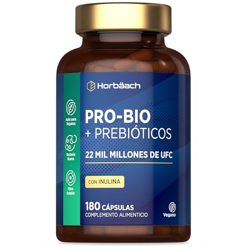 Bióticos y Prebióticos Intestinales con Inulina 22 Mil Millones UFC | 180 Cápsulas | con Lactobacillus Acidophillus, Gasseri, Reuteri, Crispatus, Inulina y Arándano Rojo | Horbaach