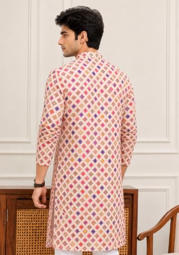 Image of FOXDX Men's Cotton Kurta, Ethnic Printed Kurta for Perfect Ethnic Look, Stand Collar Long Sleeve Casual Printed Regular Long Kurta