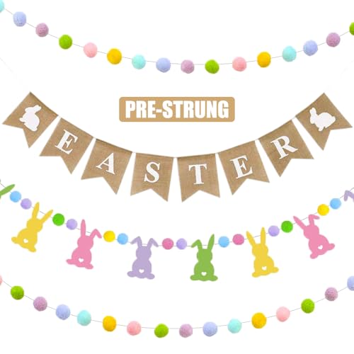 Youchicnow Easter Banner, 4 Pcs Easter Natural Burlap Bunting Pennant and Cute Felt Bunny with Colorful Pom Pom Ball Garland Photo Props Spring Party Hanging Decor for Home Mantel Office Classroom